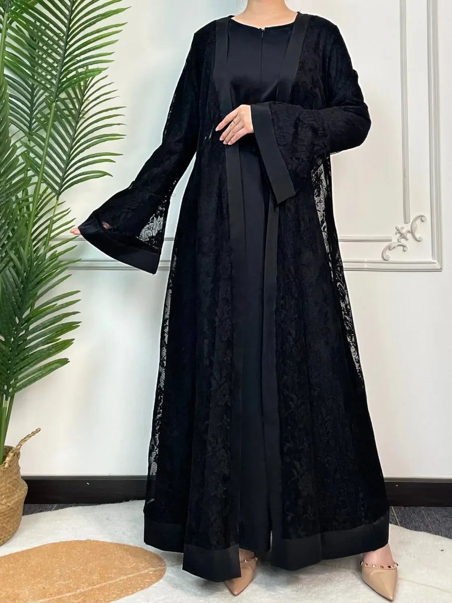 HIA Floral Lace Abaya & Inner Dress Set — Black, front view