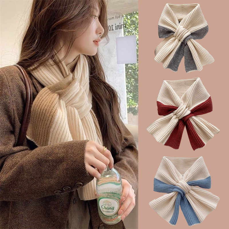 Colorblock Knit Bow Scarf – Soft Ribbed Winter Wrap