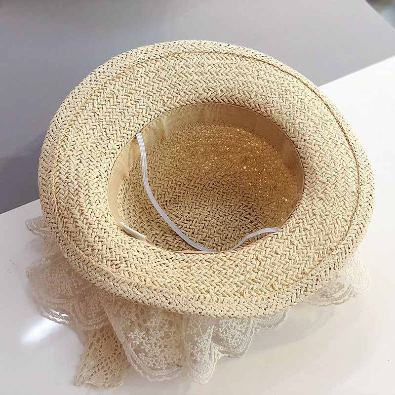 Girls’ Lace Straw Sun Hat – Wide Brim Breathable Summer Hat