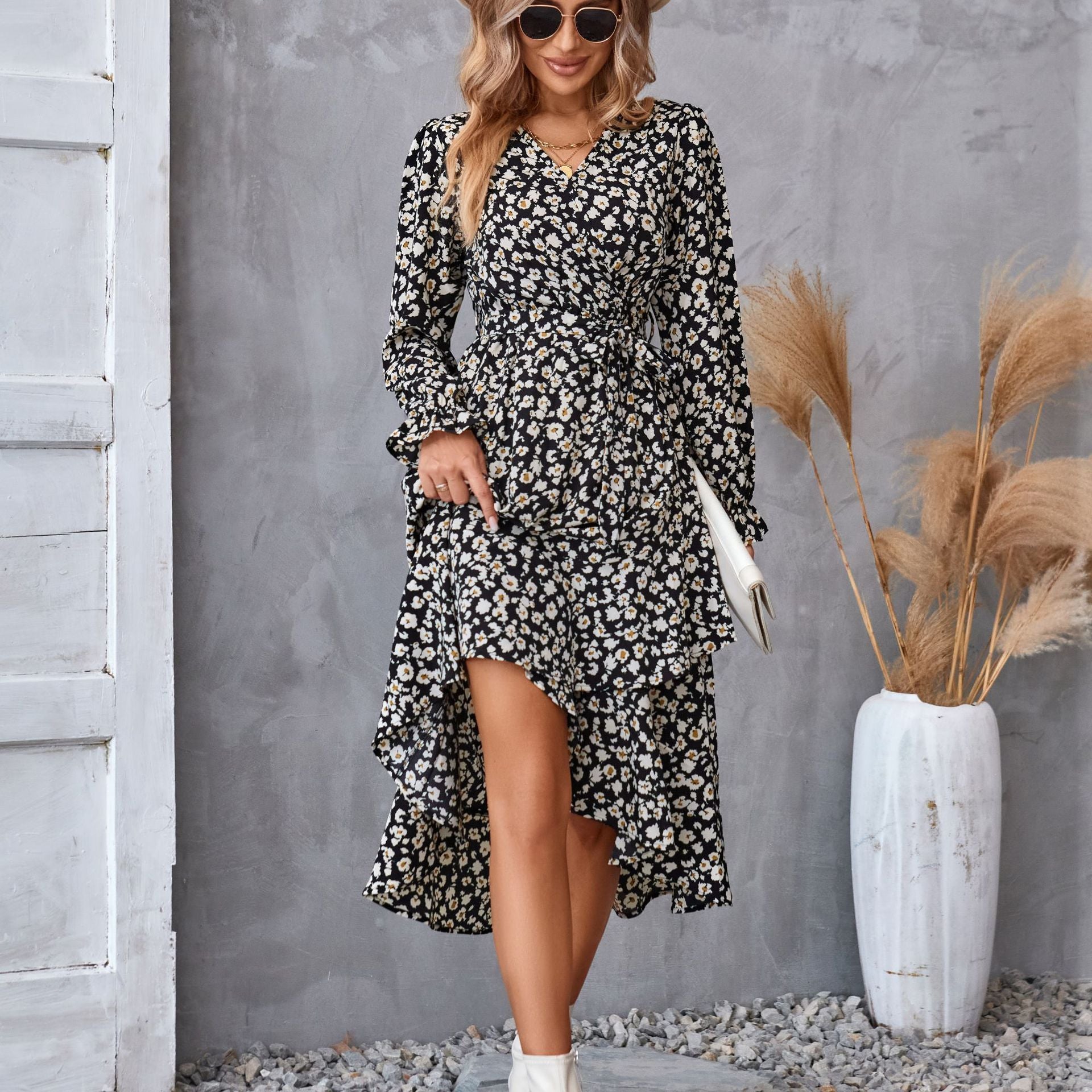 Women’s Floral Print Long Sleeve Ruffled Dress – Elegant Mid-Length