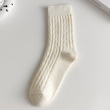 Women’s White Cotton Mid-Calf Socks – Thick Diamond Lattice Autumn/Winter