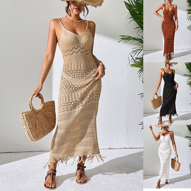 Cutout Tassel Maxi Dress – Sleeveless Knitted V-Neck Sling Beach Dress