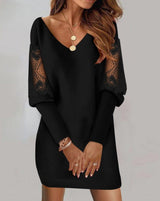 Elegant V-Neck Long Sleeve Dress – Lace Splicing Spring Autumn Dress