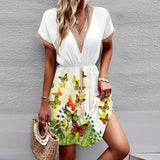 Printed Lace V-Neck Dress – Short Sleeve Tight Waist Swing Dress