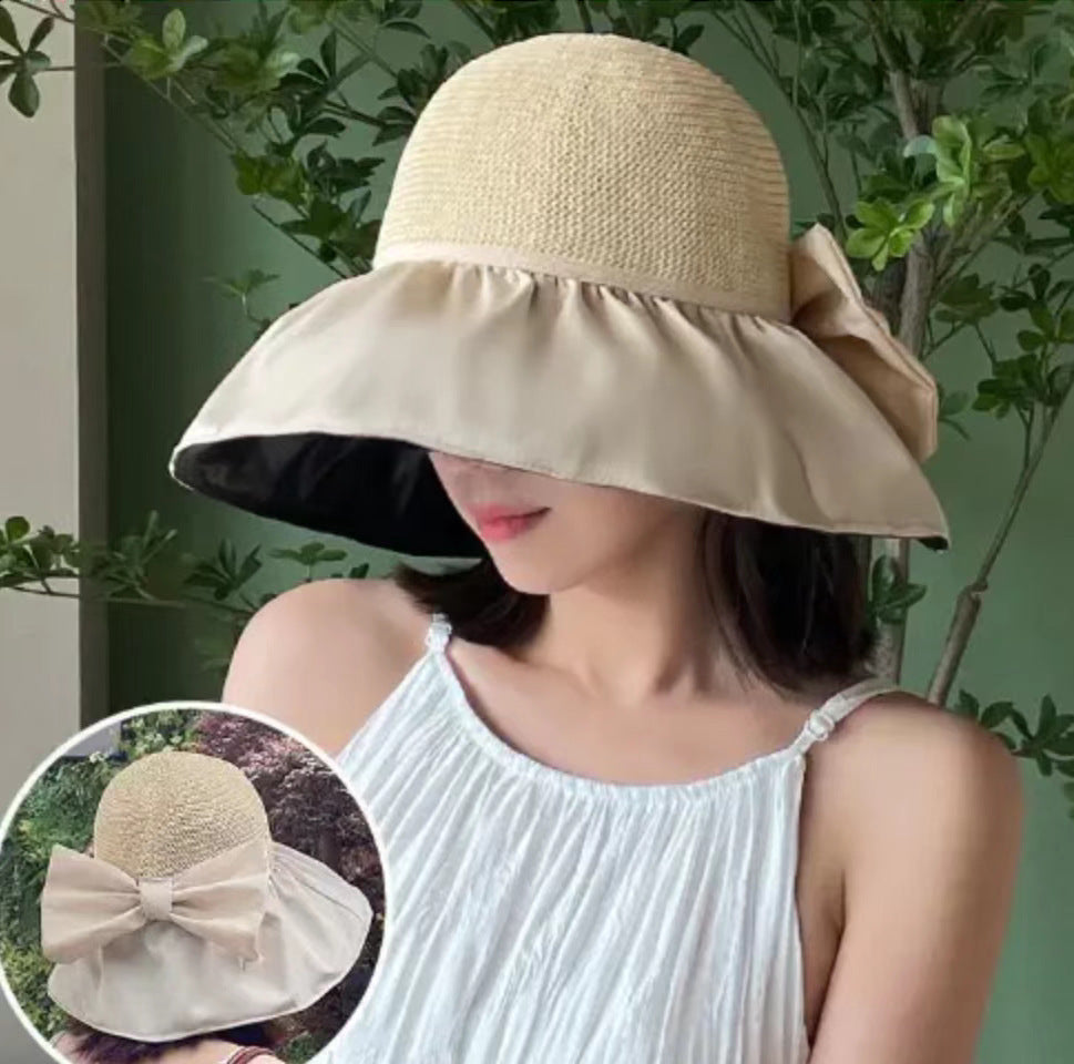 Women’s Straw Sun Hat – Large Brim with Big Bow UV Protection