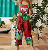 Boho Patchwork Printed Suspender Jumpsuit – Loose Cotton Wide-Leg One-Piece