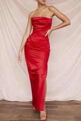 Satin Tube Top Split Knee-Length Dress – Elegant Evening Wear