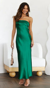 Women’s Strapless Satin Maxi Dress – Backless Party & Evening Dress