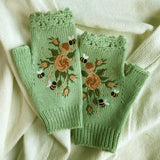 Embroidered Knitted Floral Gloves – Women’s Warm Half Finger Design