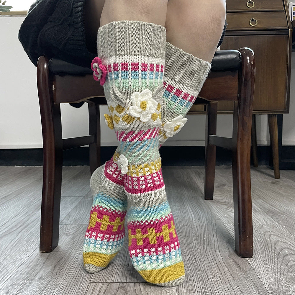 Retro Jacquard Crochet Floor Socks – Women’s Long INS Style