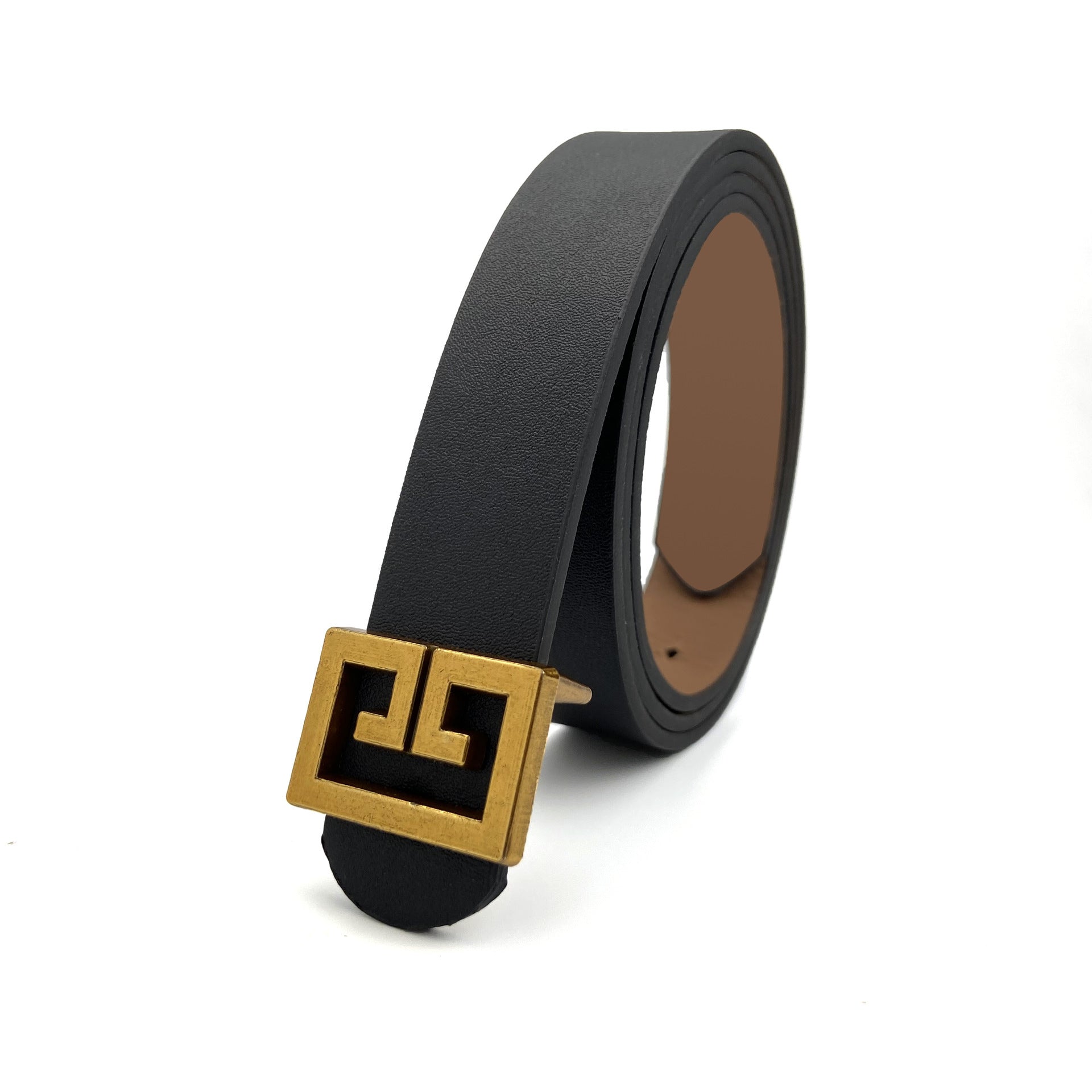 Geometric Bronze Buckle Belt – Faux Leather Waist Accessory for Women
