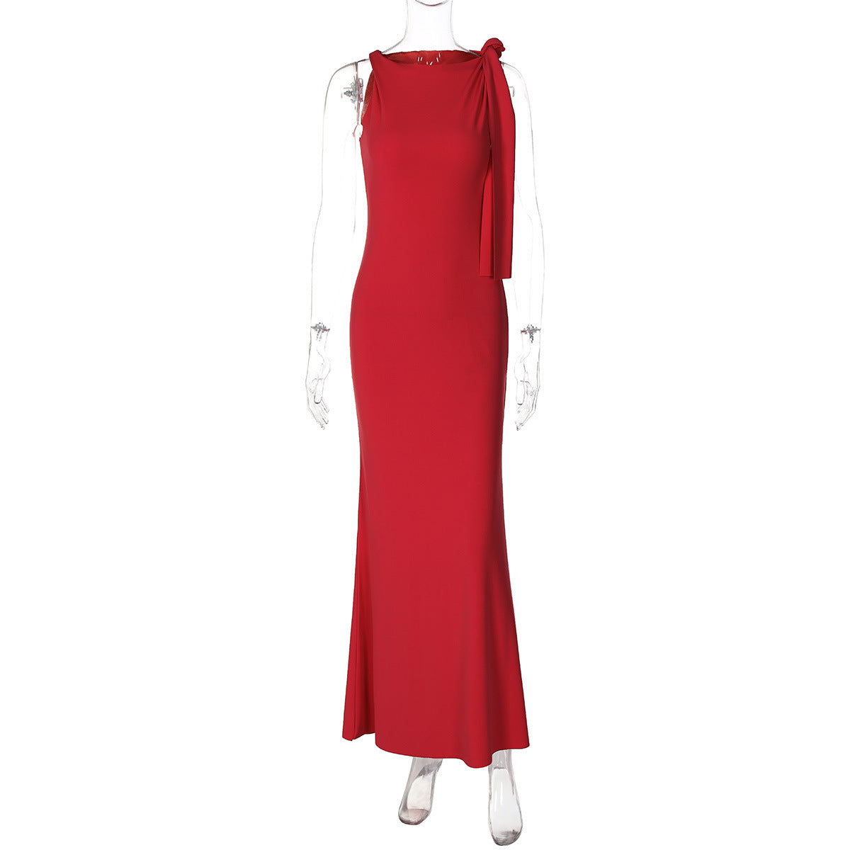 One-Shoulder Ribbon Maxi Dress – Slim Sleeveless Evening Party Dress