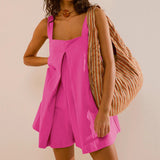 Women’s Solid Color Loose Square Collar Jumpsuit – Summer Casual Suspender Shorts