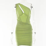 Pleated Mesh Bodycon Mini Dress – Sexy Round Neck Sleeveless Club Dress