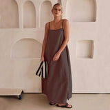 Loose Black Suspender Dress Summer Fashion Contrast-color Cotton And Linen Sling Swing Long Dresses Square Neck Women's Clothing