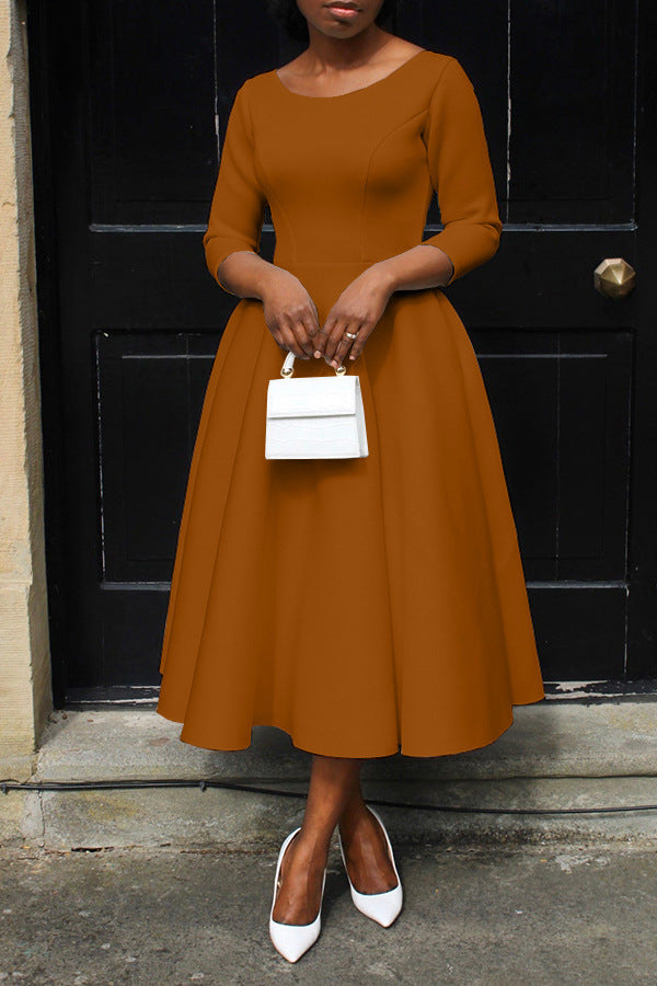 Women’s Solid Color Round Neck Long Sleeve Flared Hem Dress
