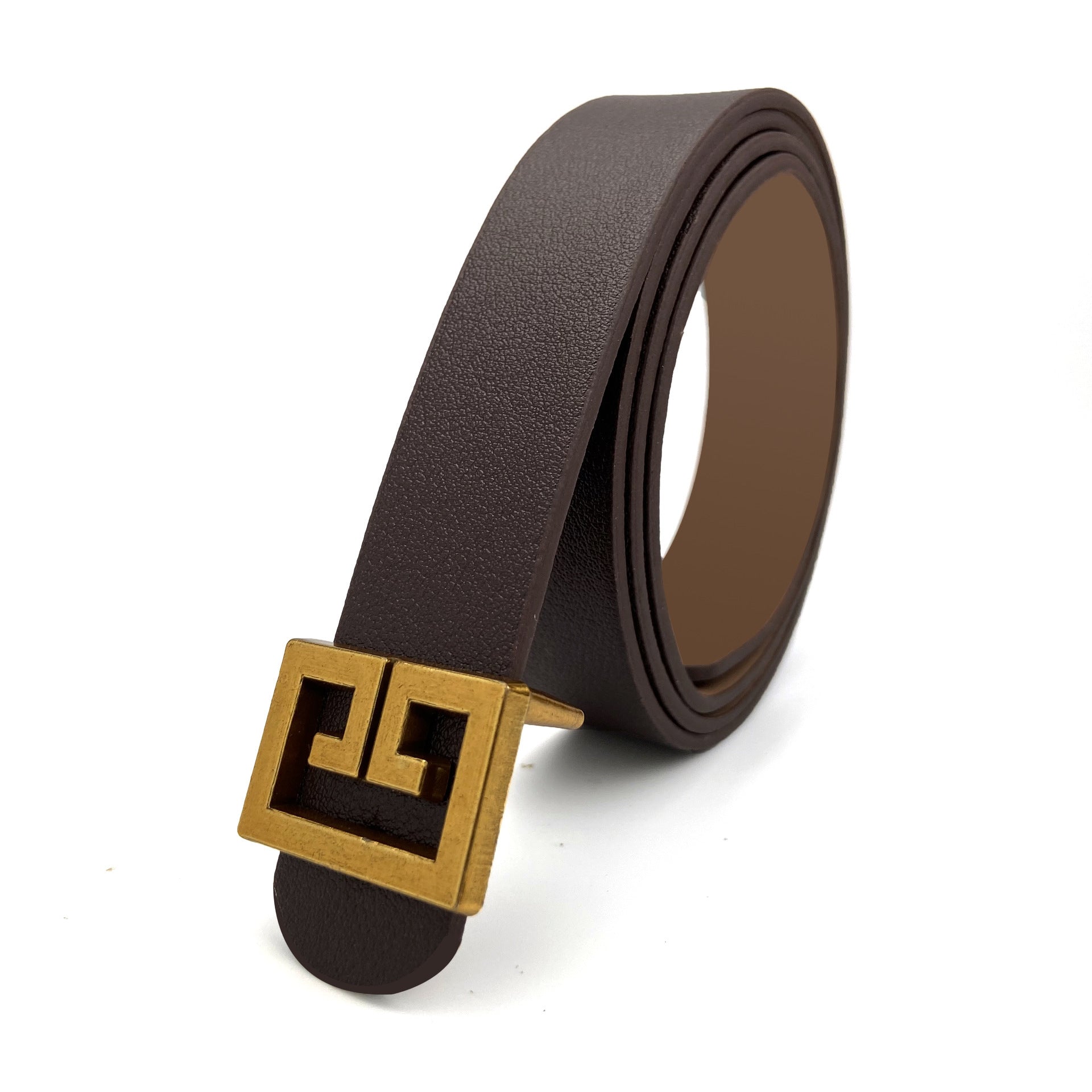 Geometric Bronze Buckle Belt – Faux Leather Waist Accessory for Women