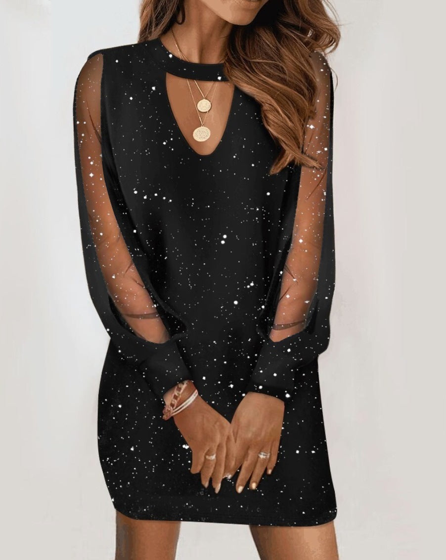 Elegant V-Neck Long Sleeve Dress – Lace Splicing Spring Autumn Dress