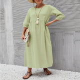 Summer Short-sleeved Dress With Pockets Fashion Solid Round Neck A-line Dresses For Women Clothing