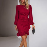 Women's Puff Long Sleeve Dresses Fashion Graceful Solid Color Slim Hip-covering Short Dress Womens Clothing