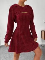 Women's Two-piece Set Dresses New Fashion Fall Winter Hooded Shawl Long-sleeved Vest Short Skirt