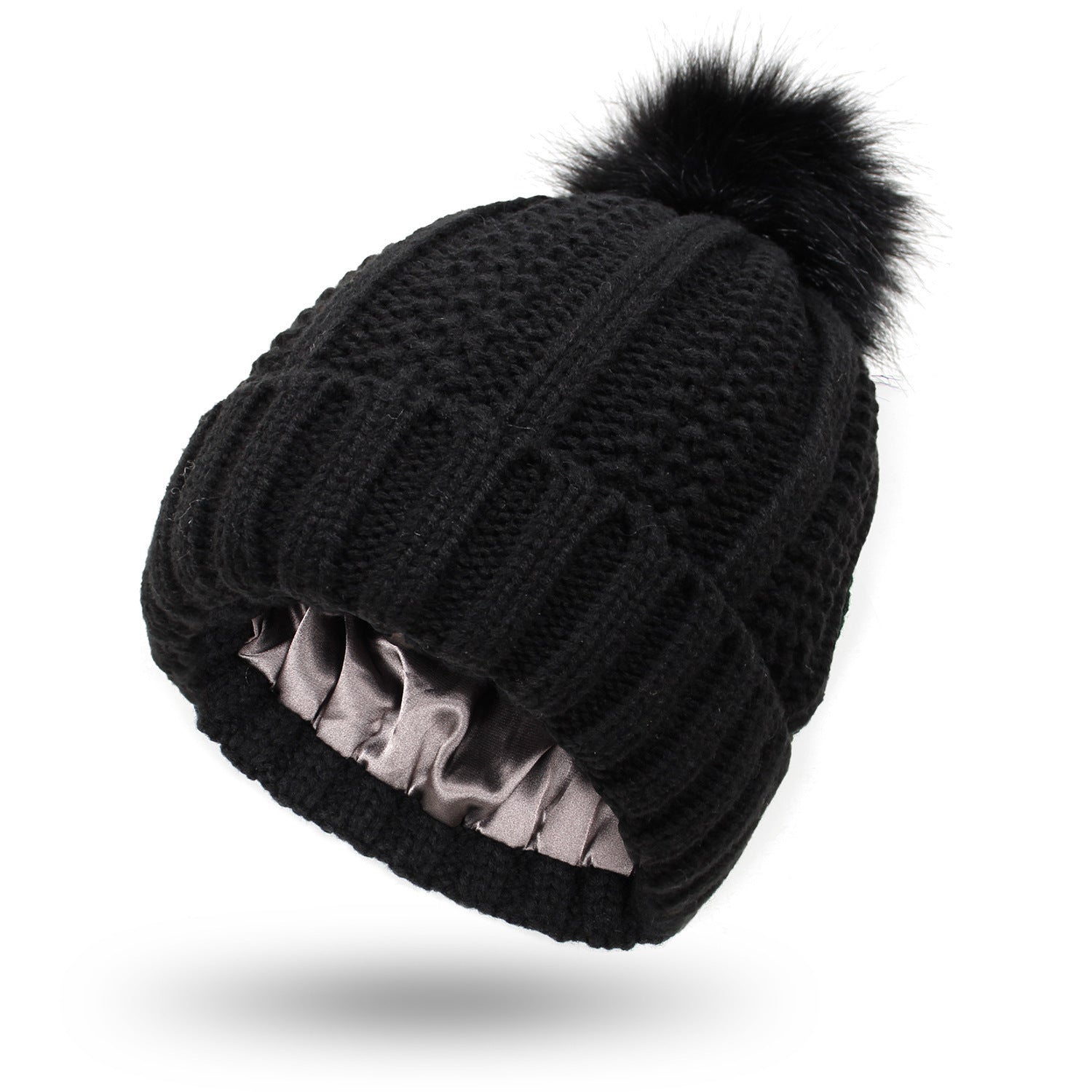 Women’s Satin-Lined Knit Beanie – Winter Pom Pom Hat