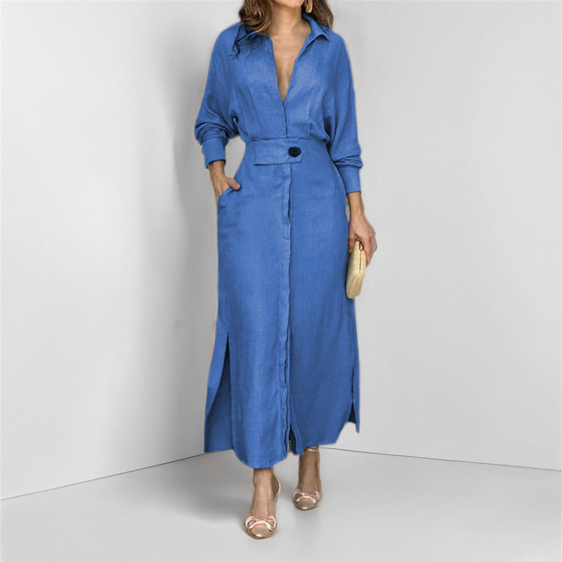 V-neck Long Sleeve Lapel Dress For Women Fashion Slim Long Dress