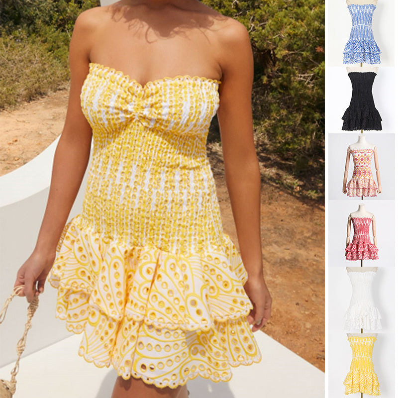 Y2K Tube Top Pleated Dress – Summer Beach Party A-line Mini Dress