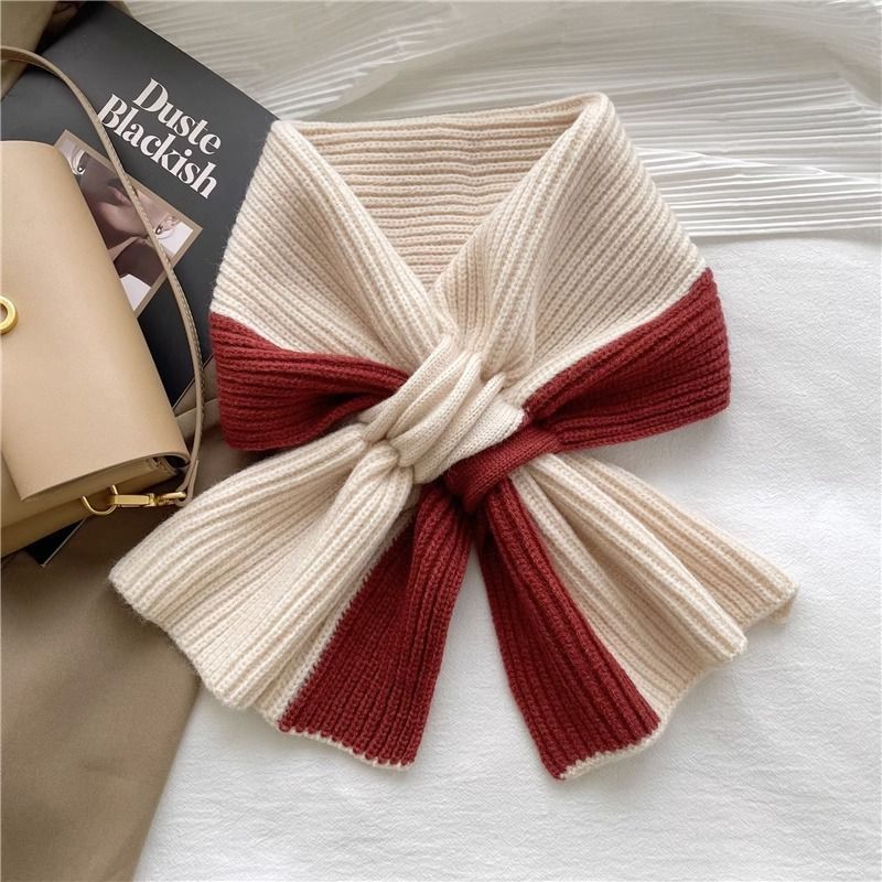 Colorblock Knit Bow Scarf – Soft Ribbed Winter Wrap