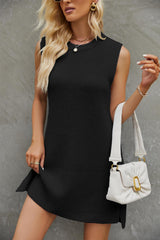 Women’s Round Neck Sleeveless Summer Dress – Solid Color with Side Slit