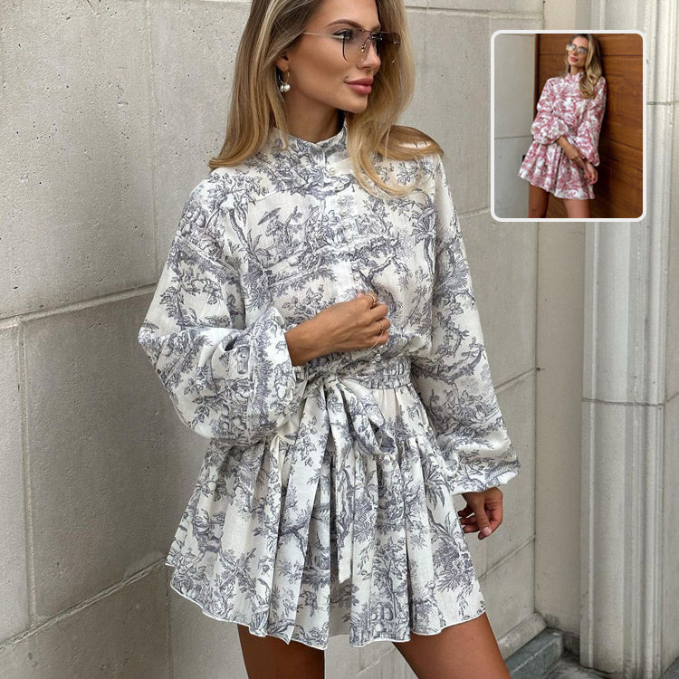 Ink Print A-Line Mini Dress – Long Sleeve Puff Sleeve Tie Waist Dress