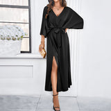 Women’s V-Neck Bat Sleeve Maxi Dress with Split and Lace-Up Waist