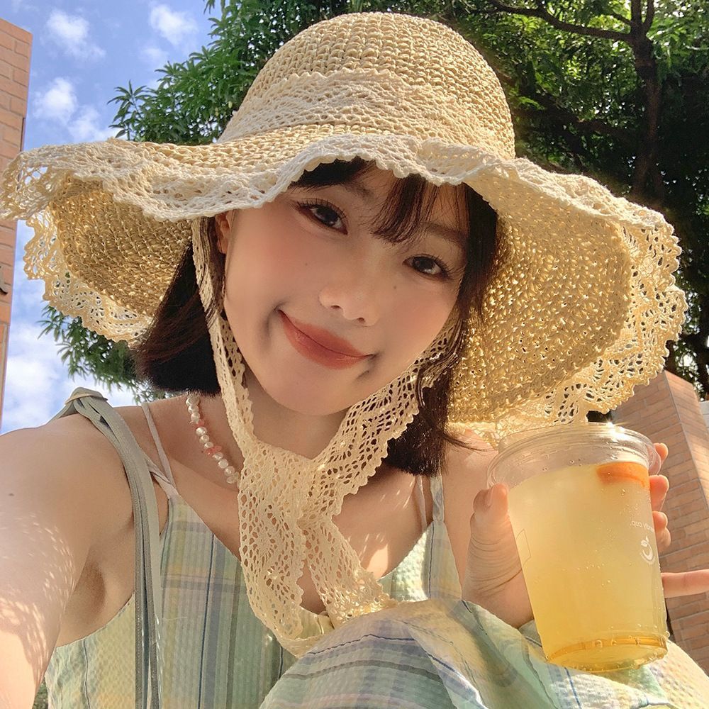 Women’s Lace Bow Straw Sun Hat – Wide Brim Summer Beach Hat