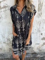 Ethnic Print Lapel Shirt Dress – Sleeveless Button-Up Beach Dress