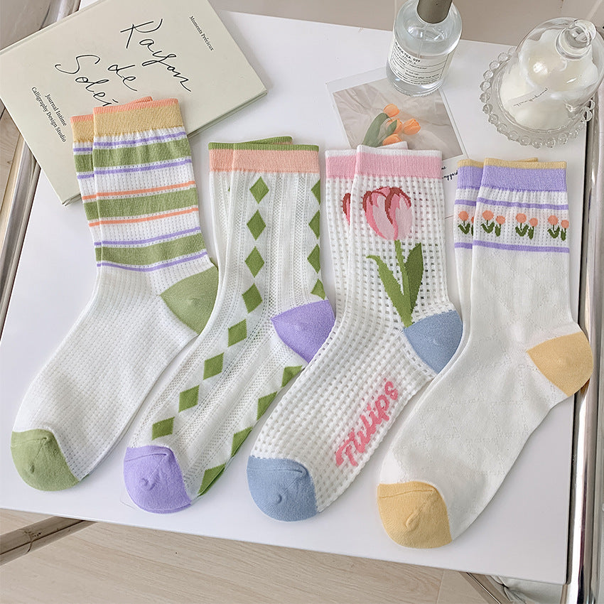 Women’s Floral Cotton Crew Socks – Cute Mid-Calf Mesh Style