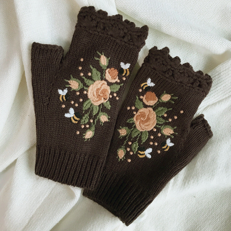 Embroidered Knitted Floral Gloves – Women’s Warm Half Finger Design