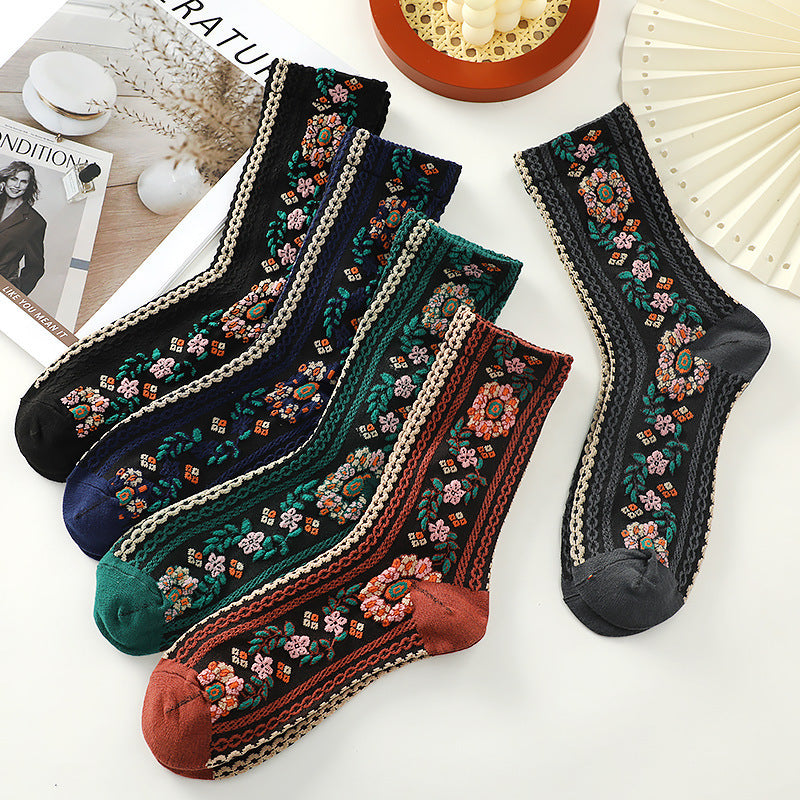 Women’s Retro Floral Mid-Calf Socks – Vintage Style Cotton Blend