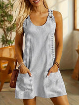 Summer Fashion Striped Patchwork Commuting U-Neck Sleeveless Pockets Back Button Casual Straight Slimming Mini Dress For Women