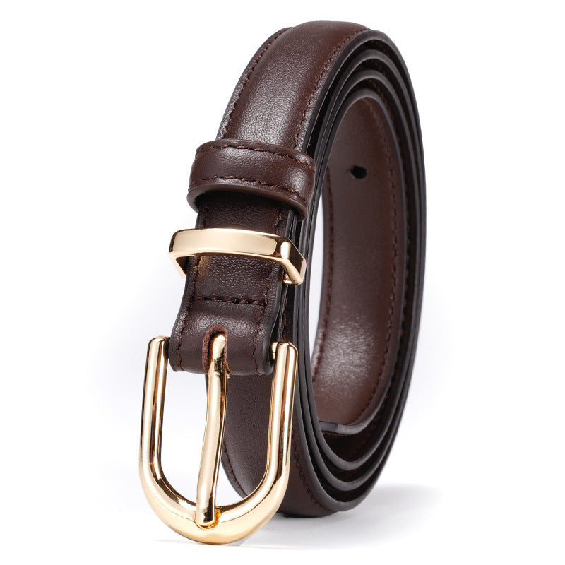Premium Cowhide Leather Belt – Thin Pin Buckle Waistband with Gold Finish