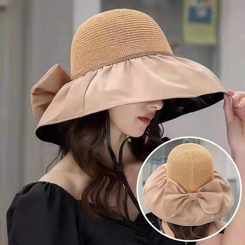 Women’s Straw Sun Hat – Large Brim with Big Bow UV Protection