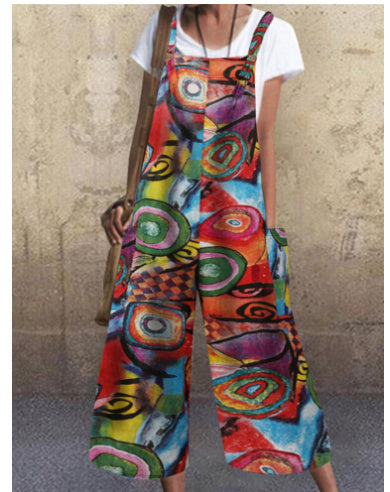 Boho Patchwork Printed Suspender Jumpsuit – Loose Cotton Wide-Leg One-Piece