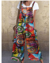 Boho Patchwork Printed Suspender Jumpsuit – Loose Cotton Wide-Leg One-Piece