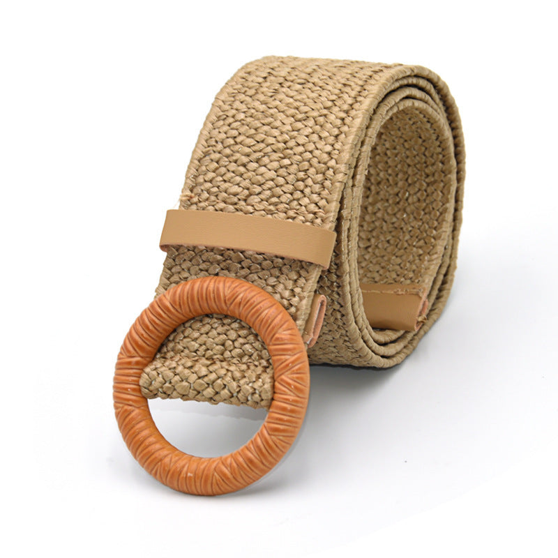 Boho Woven Waist Belt – Wide Linen-Inspired Belt with Round Buckle