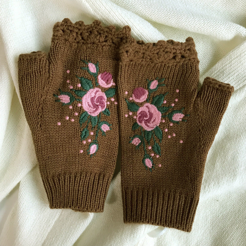Embroidered Knitted Floral Gloves – Women’s Warm Half Finger Design