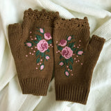 Embroidered Knitted Floral Gloves – Women’s Warm Half Finger Design