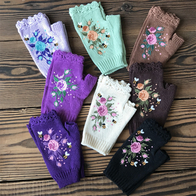 Embroidered Knitted Floral Gloves – Women’s Warm Half Finger Design