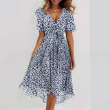 Flowers Printed V-neck Dress Summer A-line Short-sleeved Dresses For Women