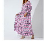 Summer Women's Vintage Printed Bohemian Dress Elegant Ladies Casual Loose V-Neck Short Sleeve Long Dresses