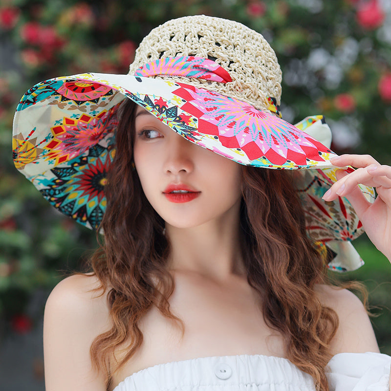 Women’s Ethnic Style Outdoor Sun Hat – Windproof Large Brim Straw Hat