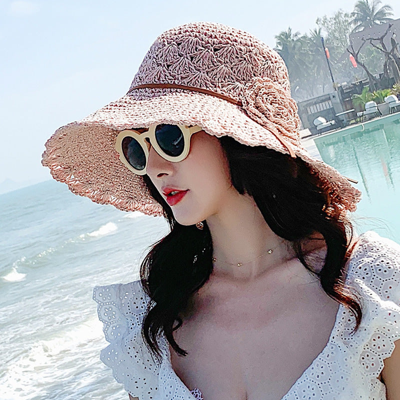 Women’s Foldable Flower Straw Sun Hat – Wide Brim Summer Style